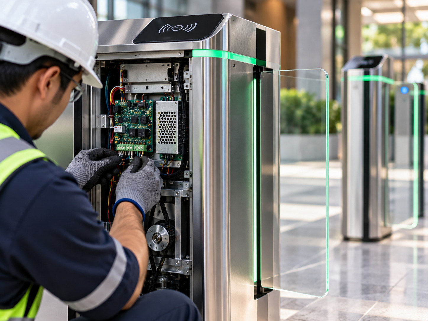 Engineer commissioning the internal controls of a pedestrian access gate