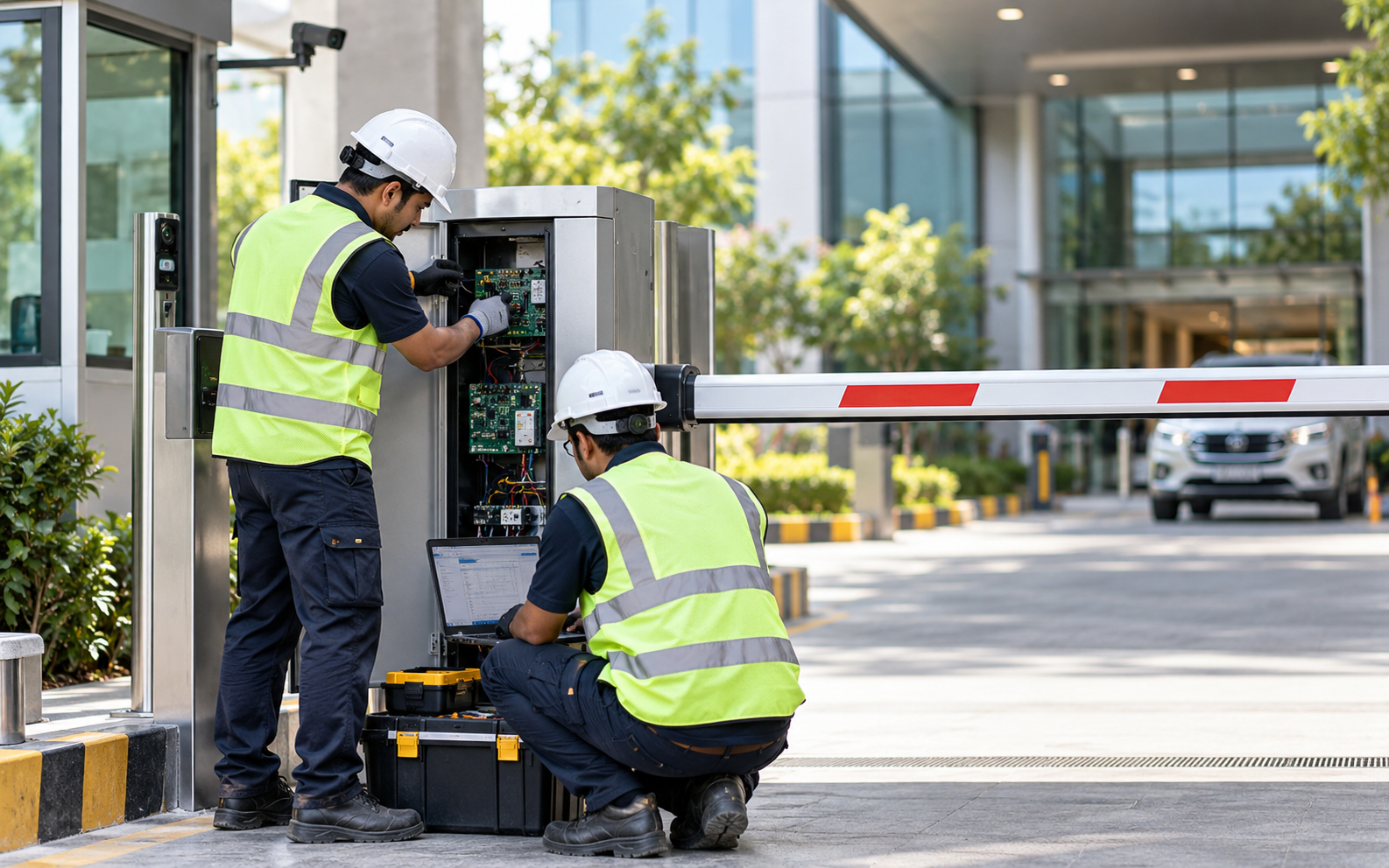 Engineers installing and commissioning a vehicle access control system